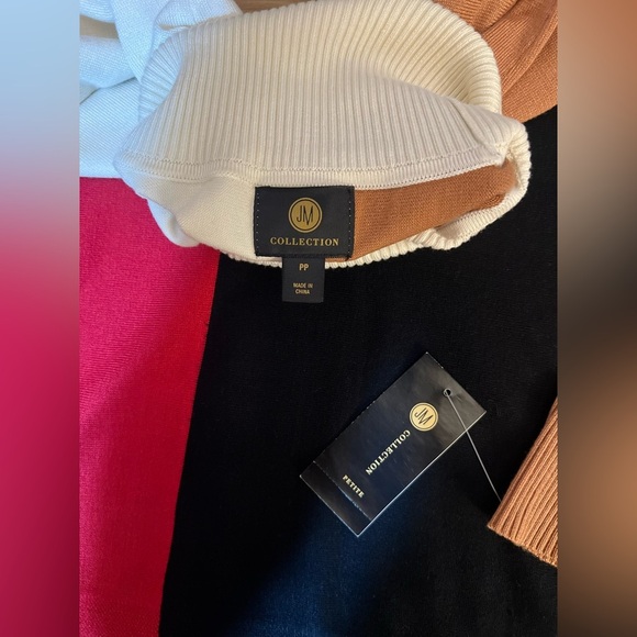 JM Collection  Petite Turtleneck Color Bloqued Buttom Trim Poncho Sweater - Picture 6 of 9